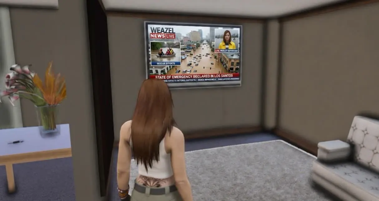 A character watching Weazel News coverage on an apartment television