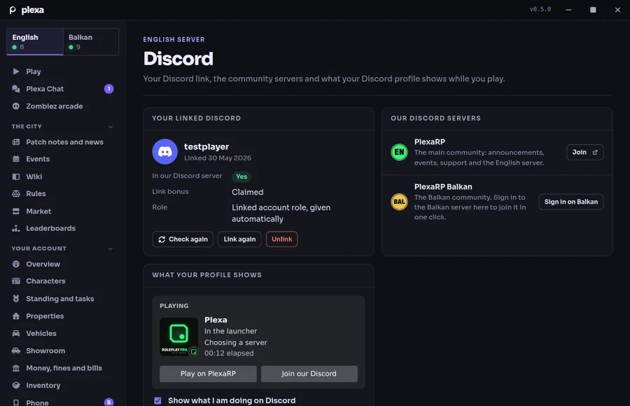 The Discord screen: the linked Discord account, the English and Balkan Discord servers, and a preview of the Rich Presence shown on your Discord profile