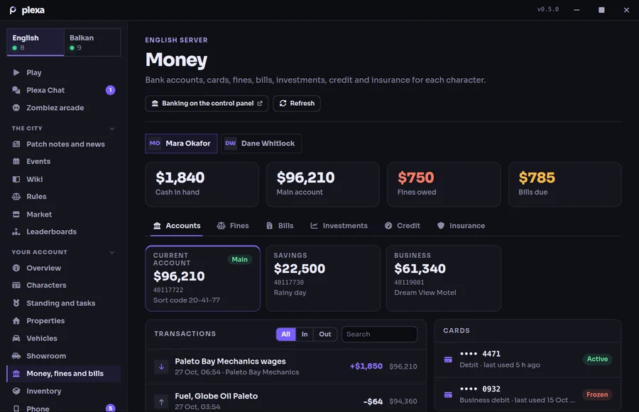 The Money screen: cash, bank accounts, fines and bills for a character, with recent transactions and cards