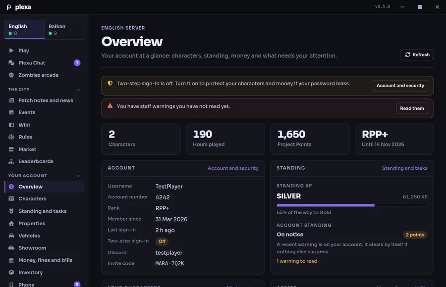 The account overview: characters, hours played, Project Points, RPP+ status, account details and standing