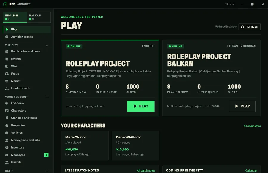 The Plexa launcher's Play screen: the English and Balkan servers side by side with players online, queue and slots, a Play button for each, and two characters underneath