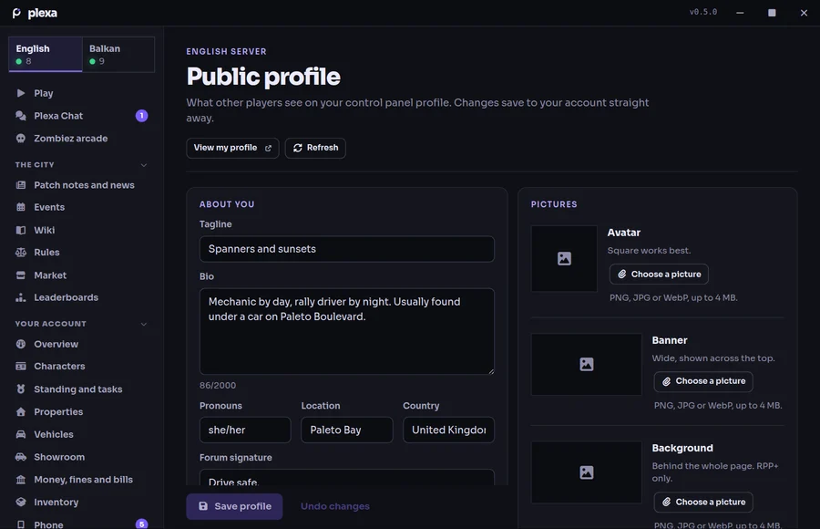 Editing the public profile in the launcher: tagline, bio, pronouns, location, forum signature, and avatar, banner and background pictures