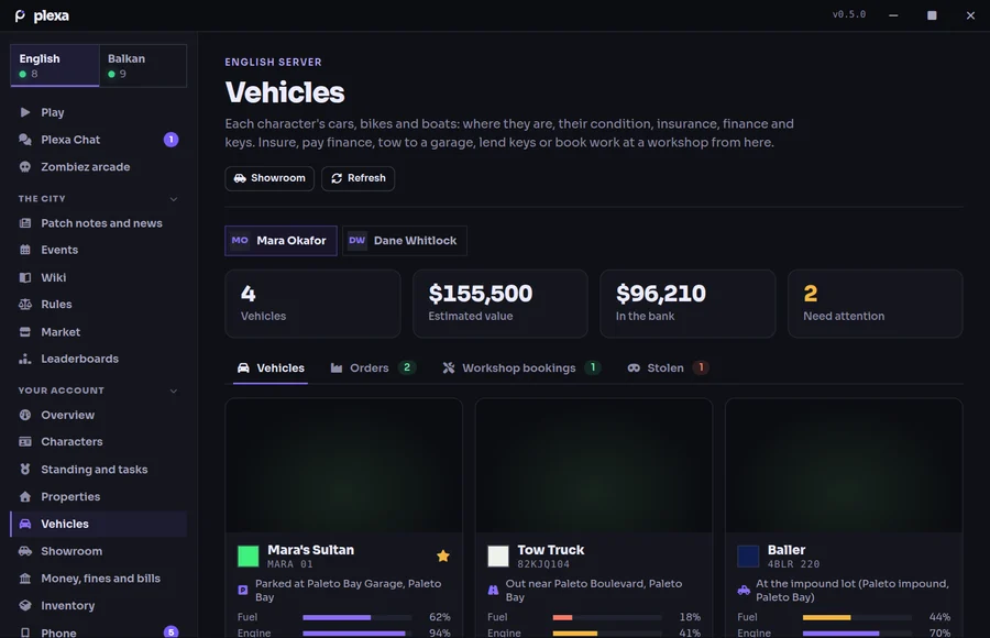 The Vehicles screen: three vehicles with where each is parked, fuel, engine and body condition, insurance and finance